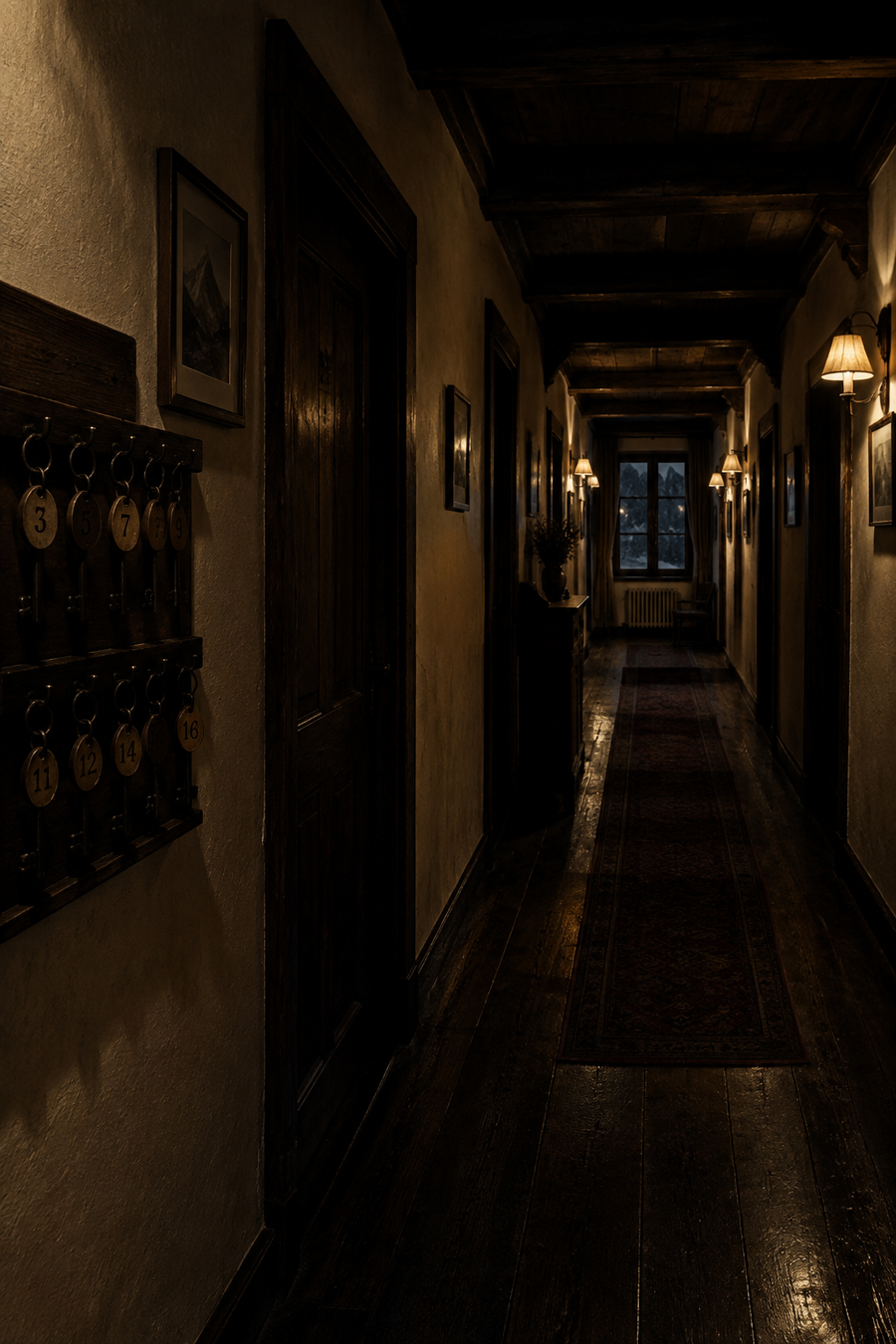 Alpine Hotel Corridor at Night